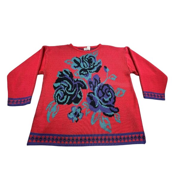 Erika Sweaters - Vintage Erika womens L Floral Embroidered Knit Sweater Granny Core Boho Cottage